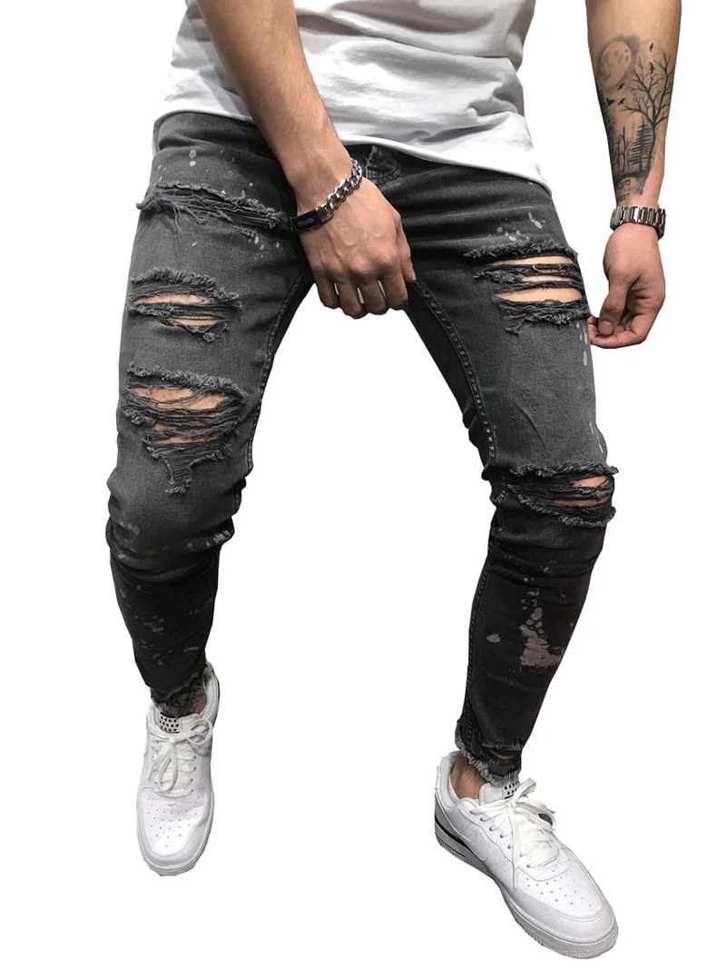 Мужские s хипстерские обтягивающие джинсы Новые хип хоп рваные джинсы обтягивающие мужские брюки подходят байкерские джинсы из денима Homme