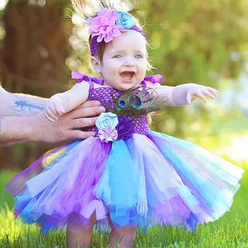 

Rainbow Baby Girls Tutu Dress Fluffy Peacock Infant Dress Colorful Toddler Party Clothes Halloween Birthday Costume Clothing