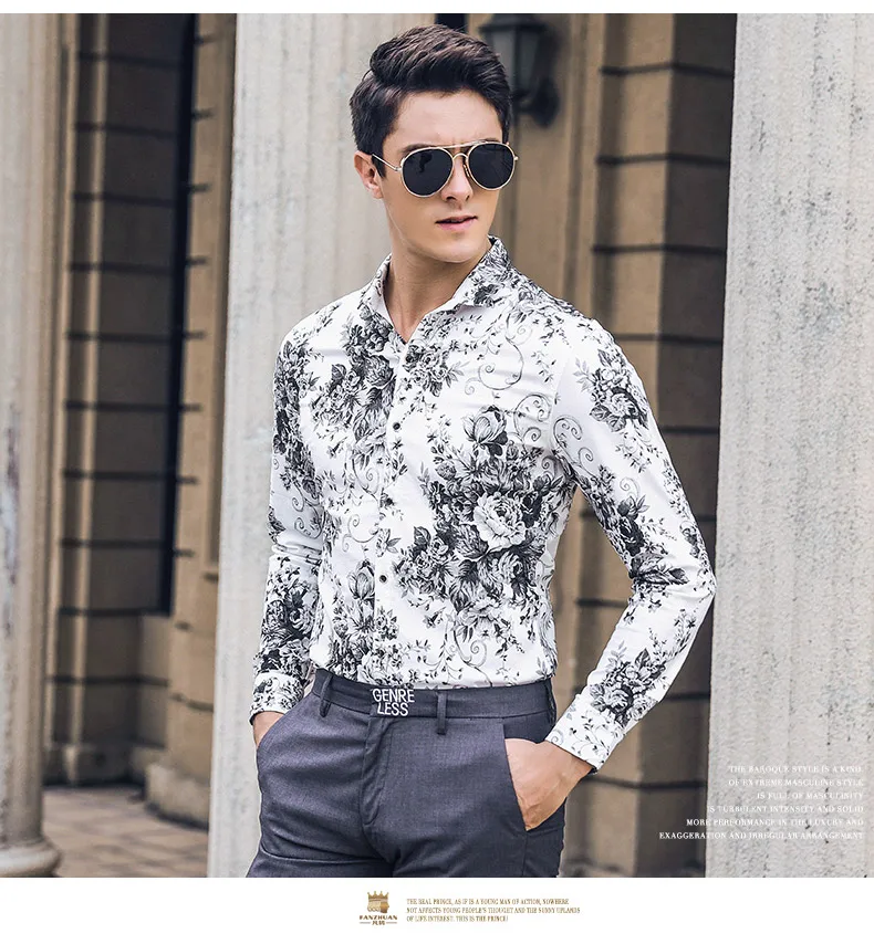 FANZHUAN,, новая модная мужская рубашка с цветочным принтом,, весенняя, тонкая, Корейская, повседневная, с длинными рукавами, Молодежная, с принтом, 922004