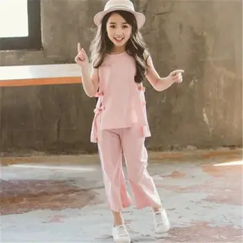 

2019 New Summer Casual Children Girls Cotton Clothes Sets Toddler Girl Pink Bow Sleeveless Tops+Solid Wide-Leg Pants Suits L154