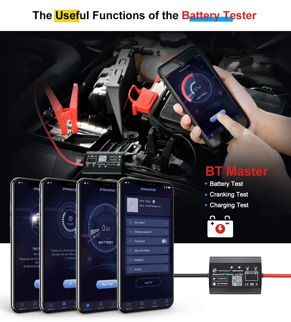 TOPDON BT Master 12 В, тест на автомобильную батарею, er, беспроводной анализатор заряда, тест синхронизации для Android и iOS