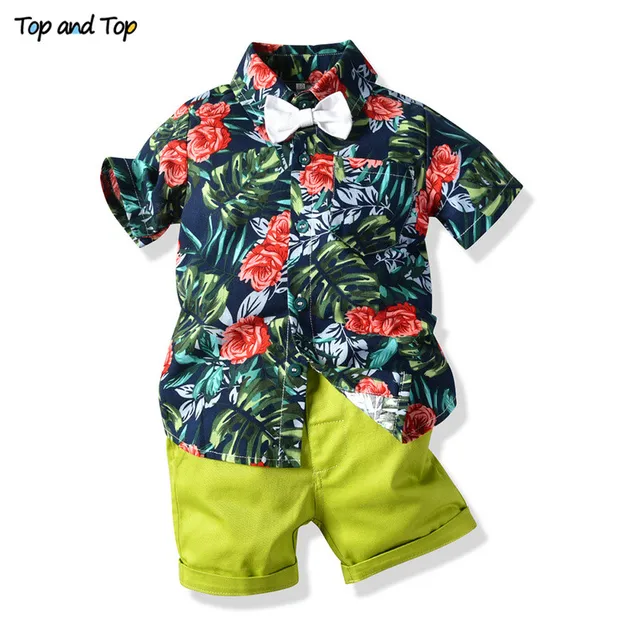 Top and Top Summer Kids Boy Casual Clothes Set Short Sleeve Floral T ...