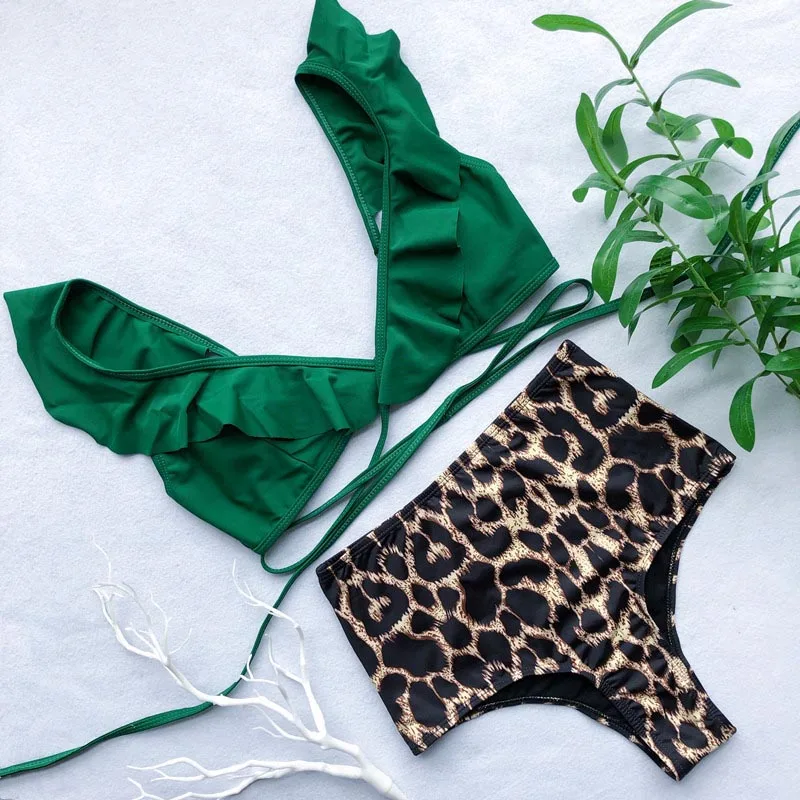 Сексуальный гофрированный бикини с высокой талией,, женский леопардовый купальник, комплект из двух предметов, купальный костюм, накидка вокруг купальника, 5103