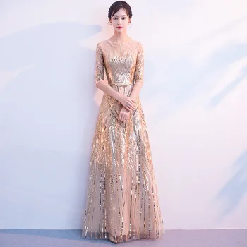 

Elegant Gold Asian Sequins Cheongsam Dress Vestidos Chinos Oriental Qipao Evening Gowns Classic Party Dress Big Size XS-3XL