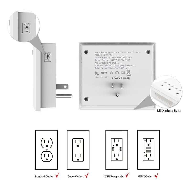 TESSAN США силовая полоса настенное крепление AC& USB розетки автоматический ночной Светильник для путешествий с американской вилкой много точек гнездо