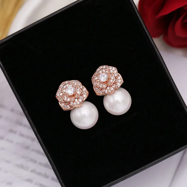 

fashion rose gold wedding flower rose withe wihte pearl stud korean earring for party
