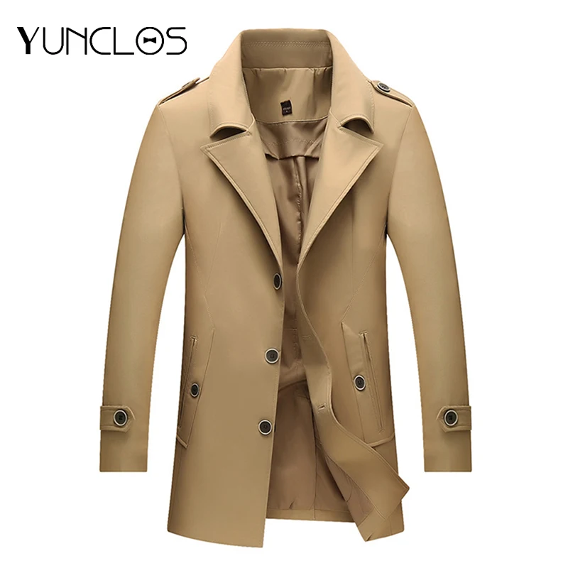 

YUNCLOS Mens Trench Coat Autumn Winter Long Coat Single-breasted Windproof Slim Trench Coat For Men Plus Size