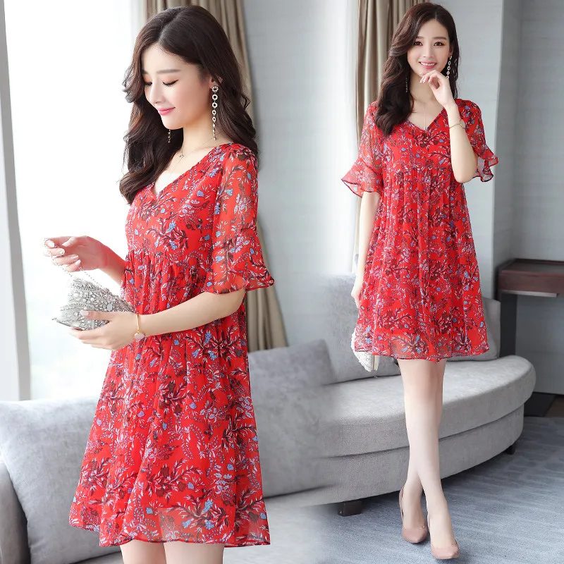TEAEGG свободное платье Vestido Цветочное Femme шифоновое мини красное женская одежда 2020