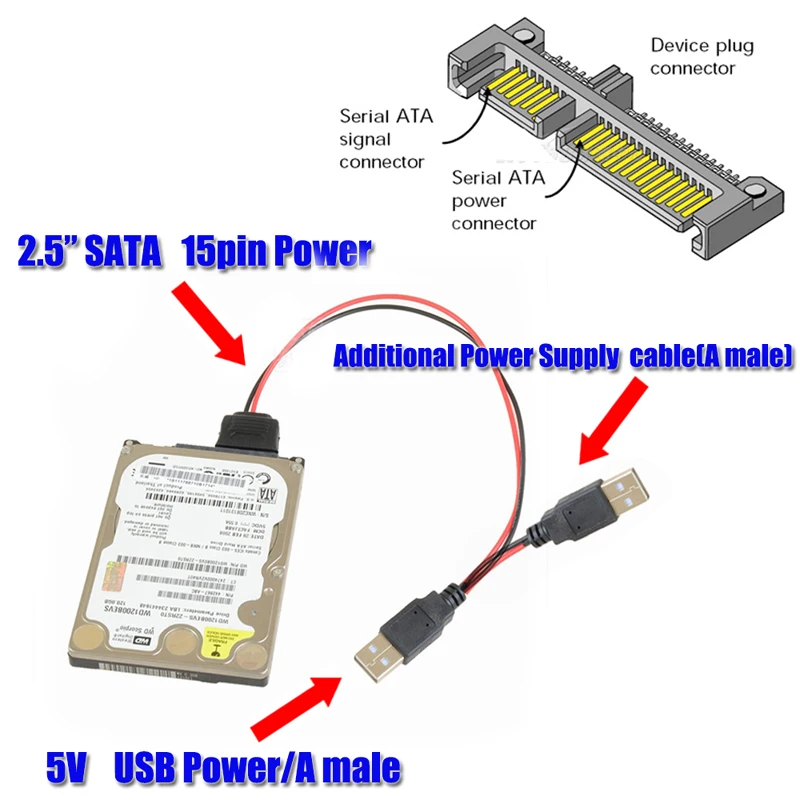 SATA к USB кабелям адаптер 40 см 5 В папа 15pin мама кабель питания для 2 дюймового HDD SSD