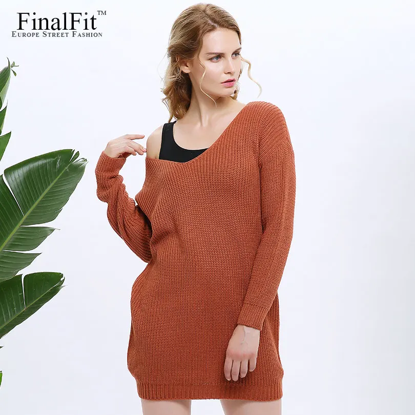 

Autumn Knitted Sweater Dress V Neck Loose Mini Casual Dress Vestidos Mujer
