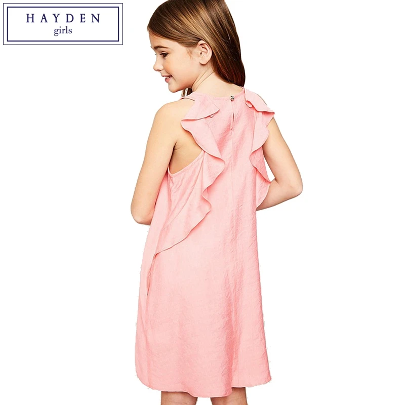 HAYDEN Girls Ruffled Back Shift Dress with Side Pockets Summer 2018 New Arrival Brand Loose Sleeveless Dresses for Teen Girls orange roll neck casual dress with two side pockets