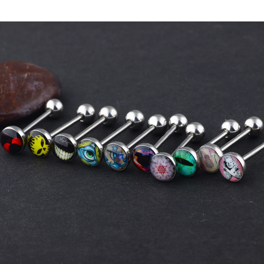 JUNLOWPY Mix Different Logos 50pcs Wholesale Tongue Barbells Earring Fashion Body Jewelry Women Nipple Rings Industrial Ear Kit