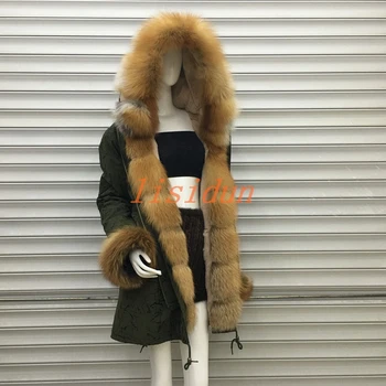 

2018 lisidun Real natural fox collar coat natural Raccoon fur lining winter jacket Long hooded parkas