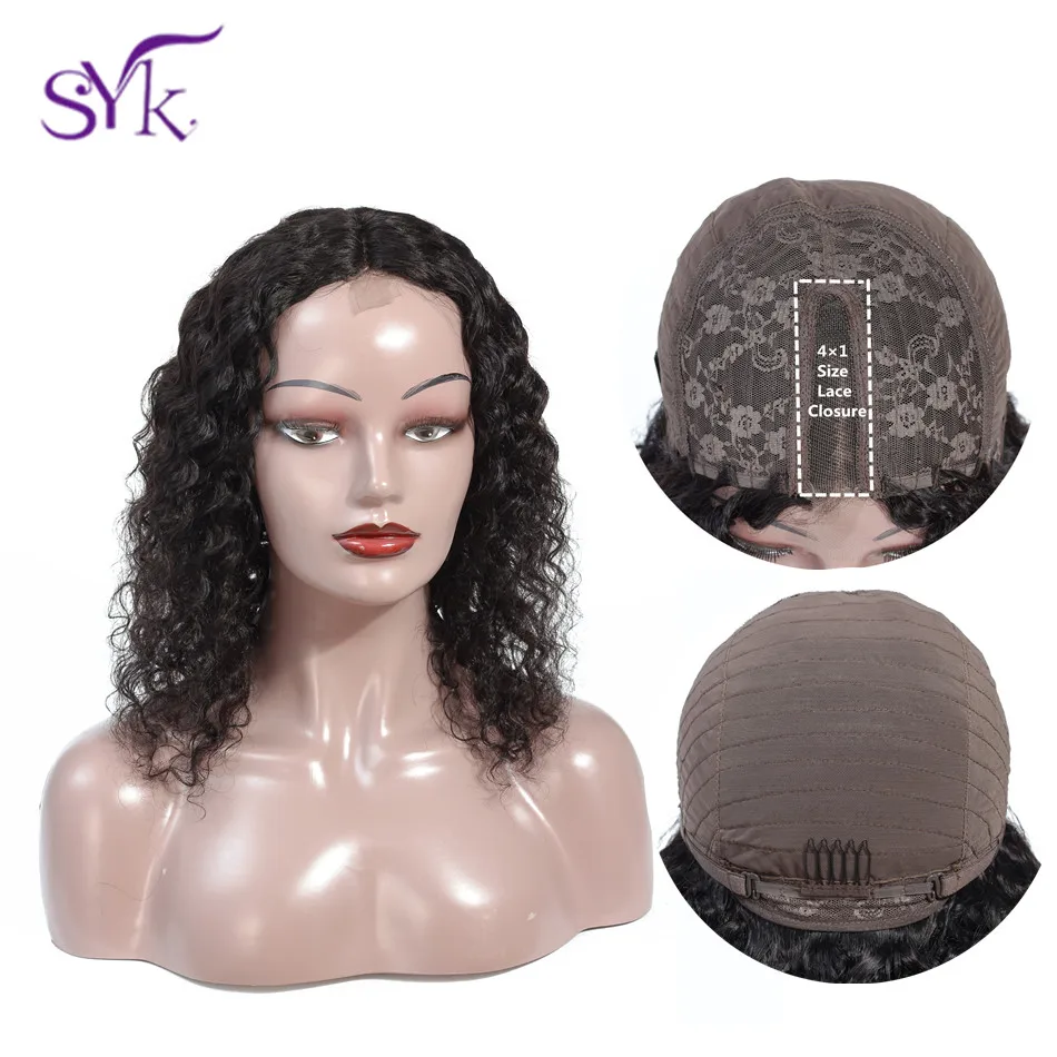 SYK волосы 4 × 1 Кружева Закрытие глубокая волна человеческих волос парики короткие натуральные волосы Малайзия парики средняя часть закрытие парик регулируемый размер