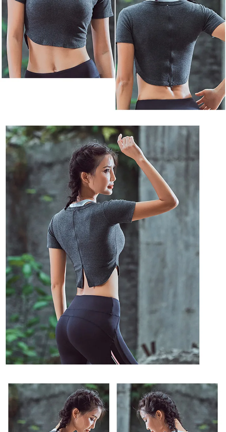 Женская Сексуальная футболка для йоги на молнии сзади с коротким рукавом спортивная футболка быстросохнущая одежда для фитнеса спортзал бег укороченный топ