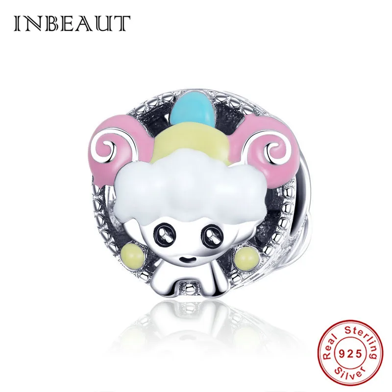 

INBEAUT 100% 925 Sterling Silver Pink&White Enamel Aries fit Pandora Bracelet Cute 12 Constellation Series Charms diy Jewelry