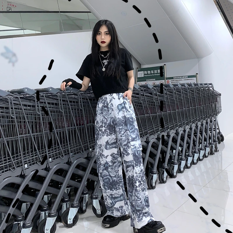 Neploe High Waist Straight Trousers Harajuku BF Style Hip-hop Leisure Pants New Women Men Digital Printed Long Pants 53634