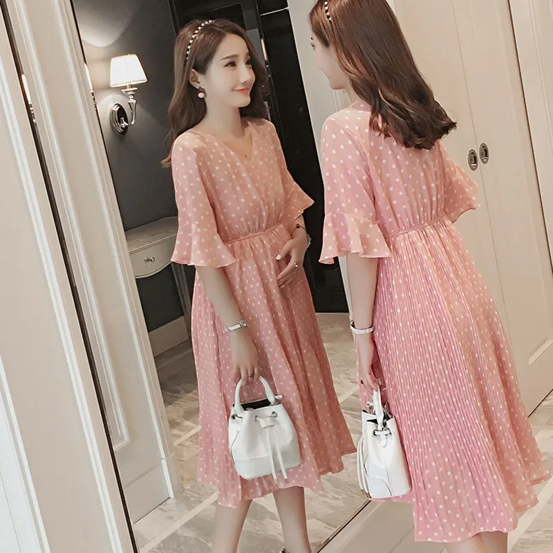 Pregnant Women Midi Pleated Chiffon Dress Pink Polka Dots Summer Pregnancy Clothes Loose Plus Size Maternity Dresses