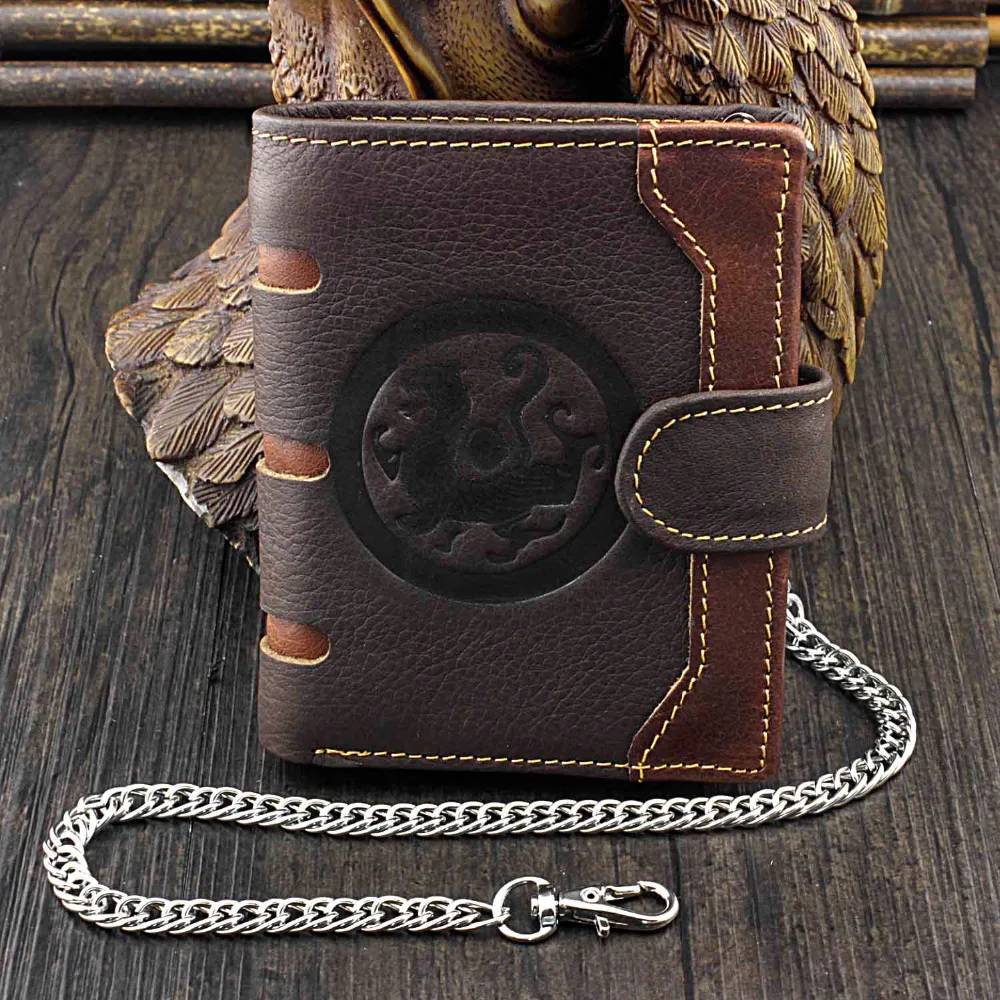 

Men's Dragon Vintage Leather Wallet Biker Card Holder Purse With Chain Brown