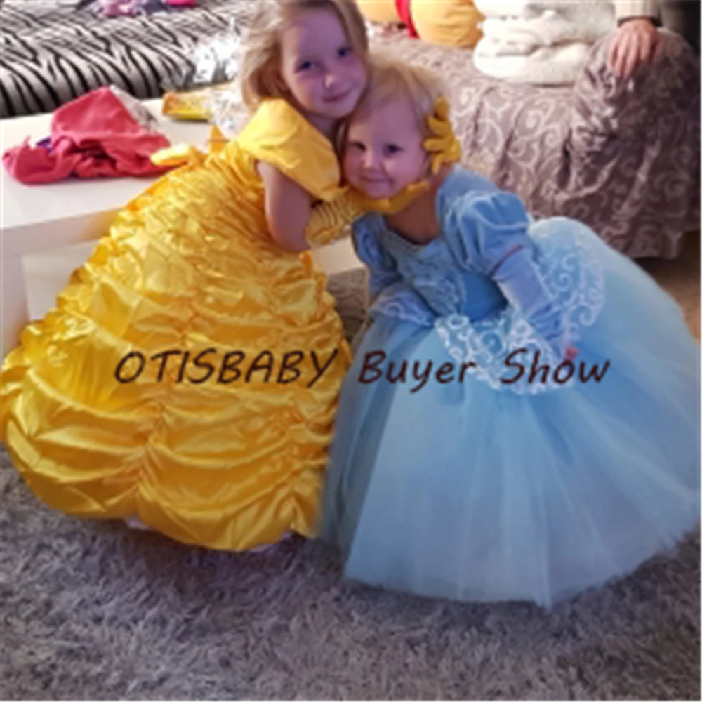 Платье Золушки для девочек; светло-голубые элегантные вельветовые платья в пол для девочек; платья Эльзы; пышное платье для маленьких девочек