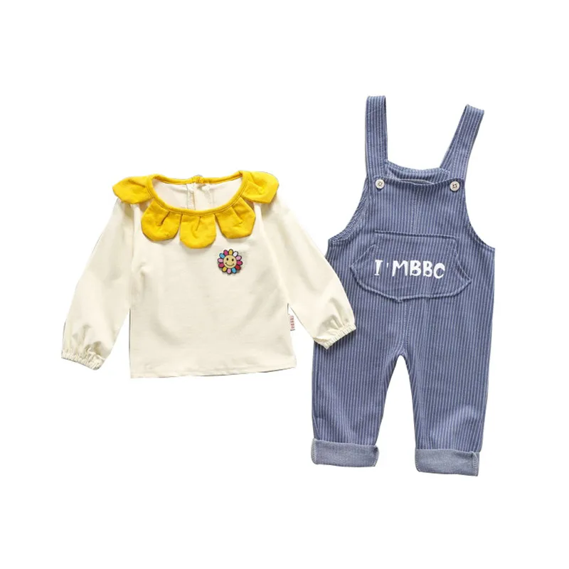 

Korean children's clothing spring child sun flower Two pieces set cotton girl strap pants child Set