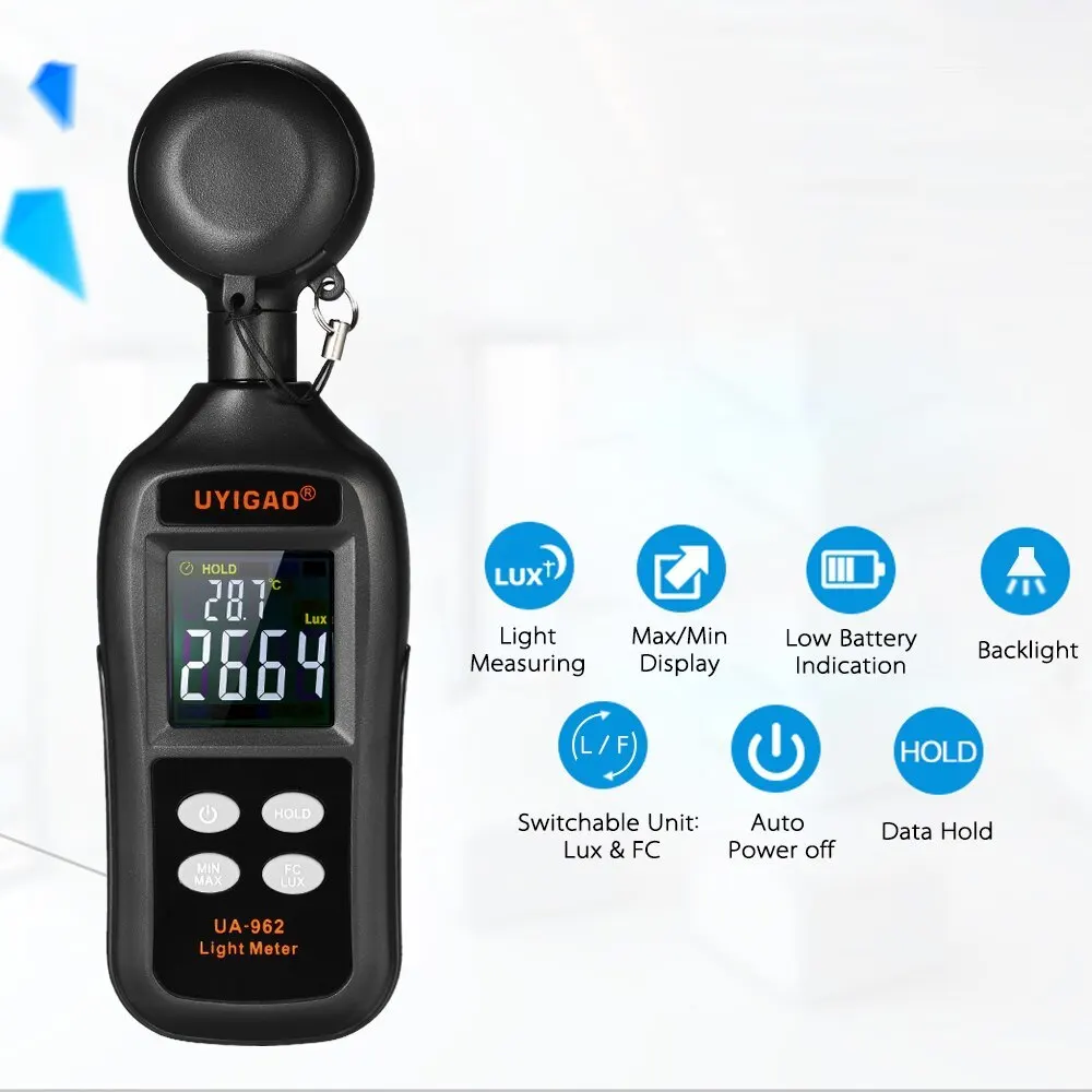 

Digital Lux Meter Handheld Illuminometer Luminometer Photometer Luxmeter Light 0-200000 Lux with Max/Min/Data Hold Mode LCD