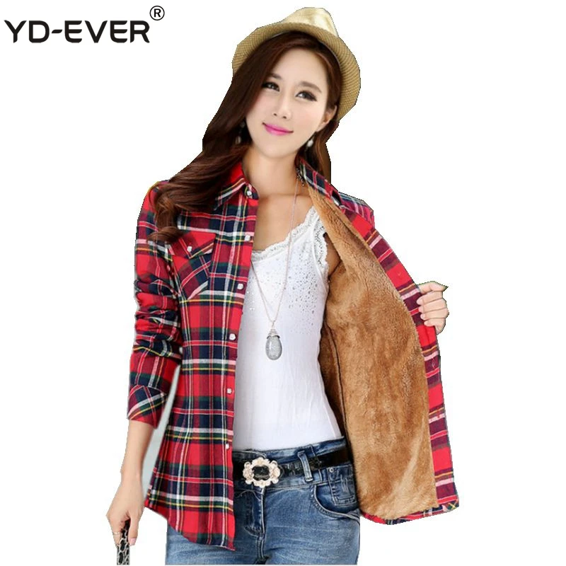 

YD-EVER Thick velvet Blusas winter cotton long-sleeved women plaid shirt flannel blouses feminina winter warm fur clothes