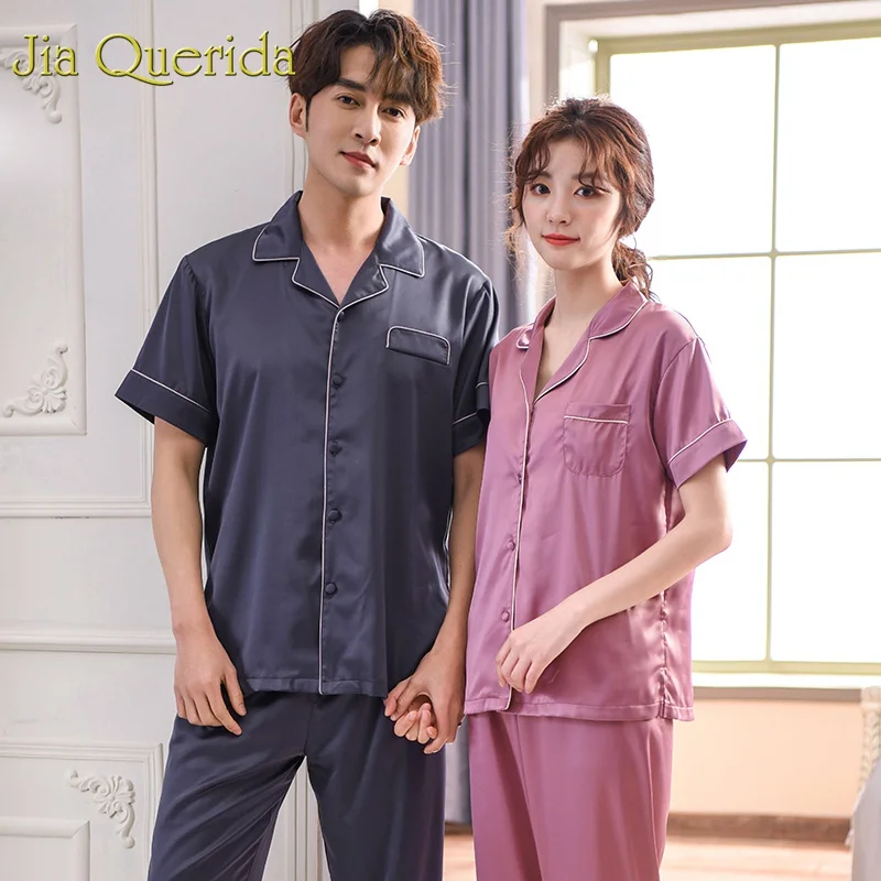J & Q/Пижама для пар новинка 2019 атласная Шелковая пижама мужчин глянцевая