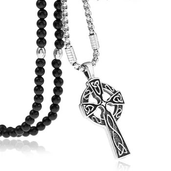 

Mens Boys Celtic Cross Stainless Steel Pendant Necklace with Black Natural Stone Chain 26"