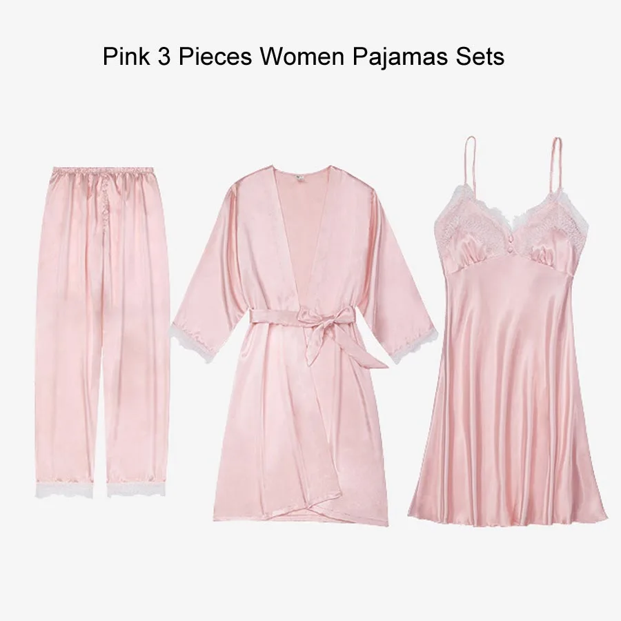 Сексуальный халат и платье наборы для женщин атласная одежда для сна комплект из 5 предметов летний домашний вечерний комплект с платьем Slik кружевное ночное белье халат сексуальное ночное платье - Цвет: Pink Pajamas Set (3)