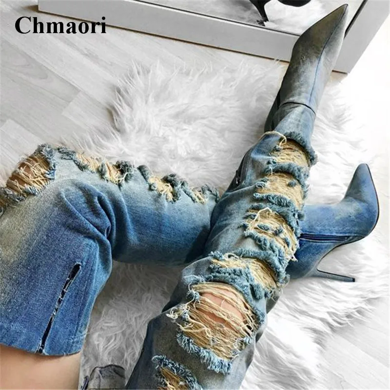 Women Sexy New Fashion Pointed Toe Blue Holes Over Knee Gladiator Denim Boots Cut-out Slim Style Long High Heel Boots