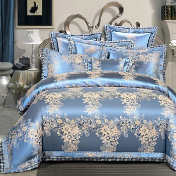 

2017 NEW golden flowers High Quality Silk Tencel satin Jacquard Bed linen Bedding set Queen king size Bedclothes Duvet cover set