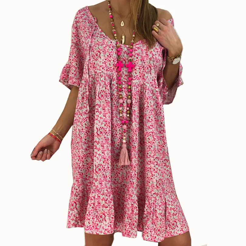 

Short Sleeve Loose Dress 2019 Summer Boho Beach Dresses Women Casual Print Midi Party Dress Harajuku Vestidos Plus Size S-5XL