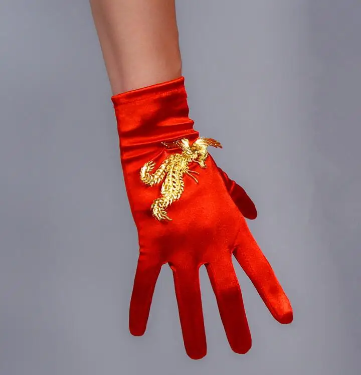 Женская модная элегантная эластичная атласная перчатка, роскошное Золотое праздничное платье Феникс, перчатка, Солнцезащитная перчатка