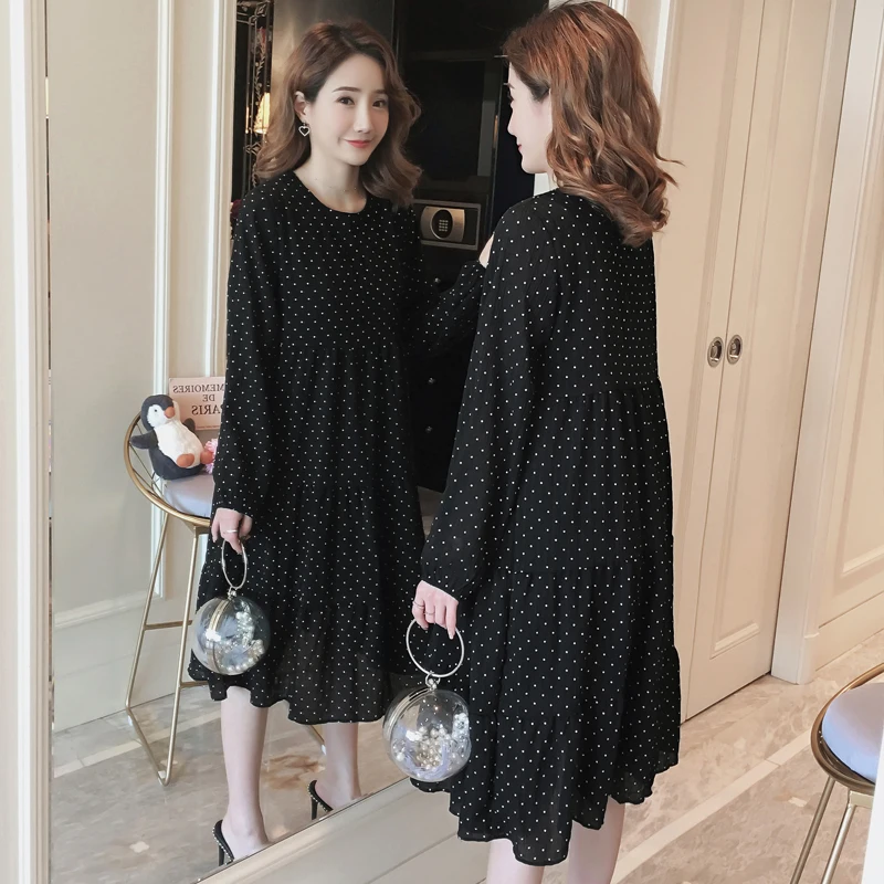 

1030# Polka Dot Printed Chiffon Maternity Long Dress Spring Fashion Clothes for Pregnant Women Elegant Loose Pregnancy Clothing