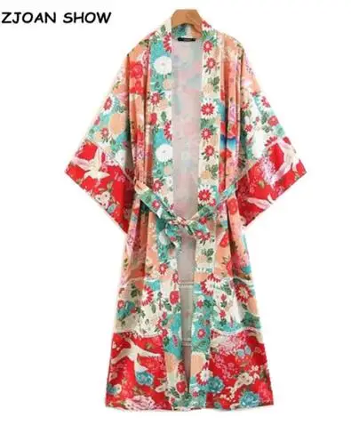 Богемное расположение цветочный принт Макси длинное кимоно рубашка оранжевая Женская этническая разрез рукав бант завязанный кардиган с поясом Свободная блузка Топы