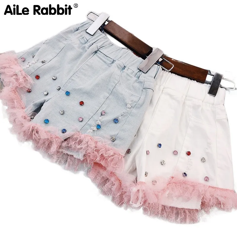 

Girl Summer Wear Shorts 2019 New Children Precious Heavy Book Drill Wash Jeans Full Cotton Personality Tight Pants
