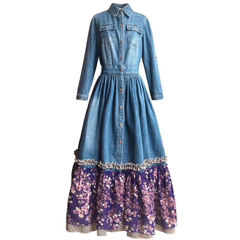 Vestidos, весенне-летнее винтажное богемное джинсовое платье макси с поясом и шарфом, цветочный шифон, пэчворк, повседневное длинное платье размера плюс, elbise