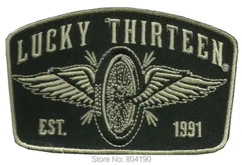 

4" LUCKY THIRTEEN 13 WINGED WHEEL MOTORCYCLE ROCKABILLY HOT ROD PUNK BIKER punk rockabilly applique Embroidered iron on patch