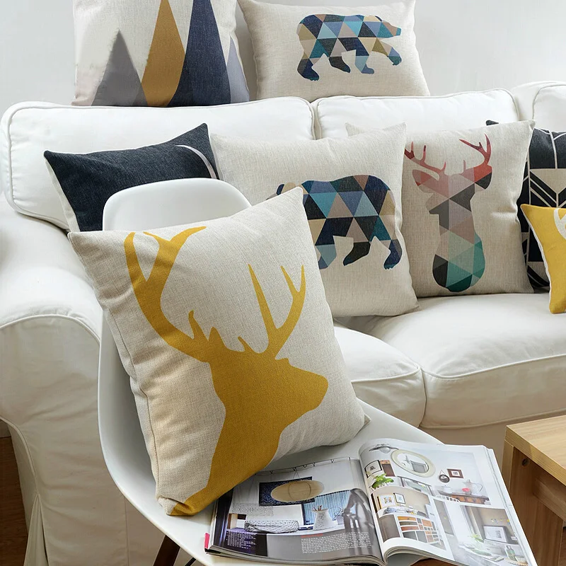 Наволочка в скандинавском стиле с геометрическим рисунком животных, декоративные подушки с оленем, льняная наволочка для подушки, домашний декор, синяя, желтая наволочка для дивана