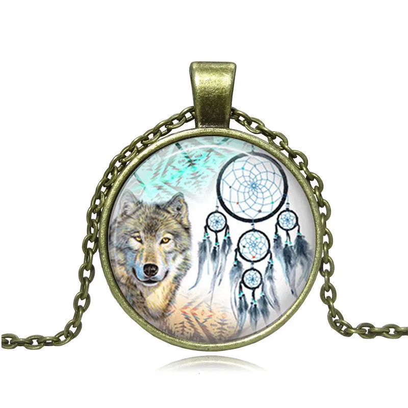 

XUSHUI XJ Handmade DIY Glass Cabochon Dream Catcher Pendant Necklace Wolf Jewelry Silver Chain Necklace Men Women