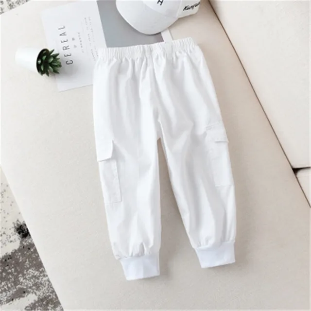 Spring Summer Girls Pants White Casual Large Pocket Trousers Elastic