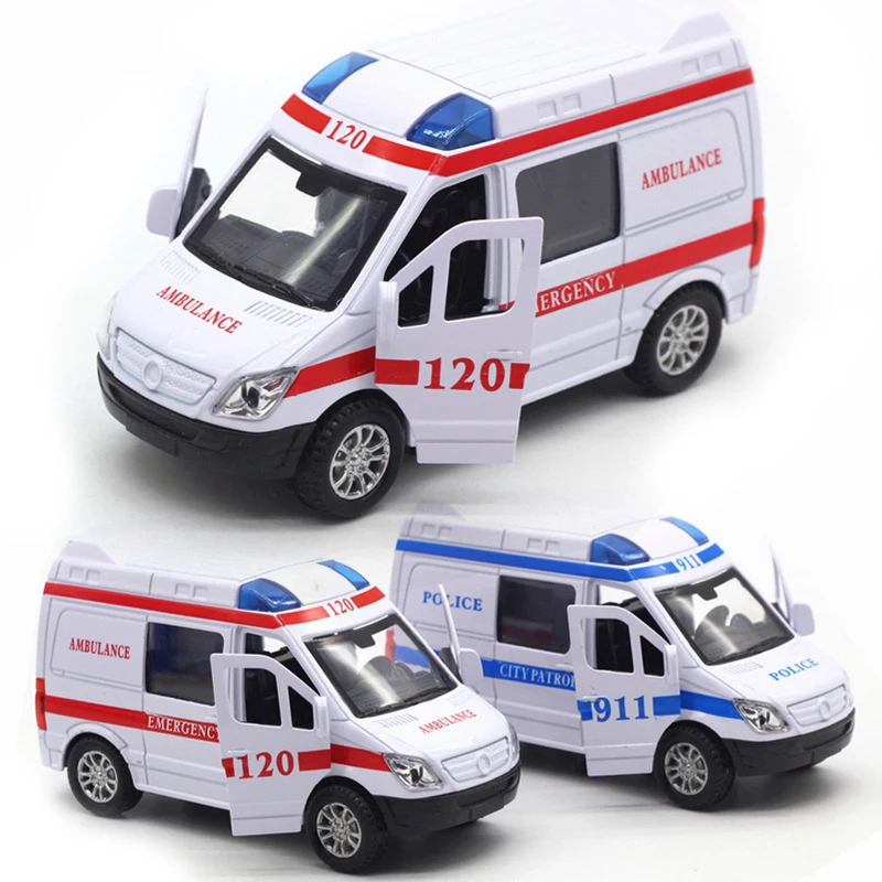 

1:32 Scale Ambulance Police Model Metal Car Hospital Rescue Alloy Diecast Pull Back Sound And Light Car Model Toys For Children
