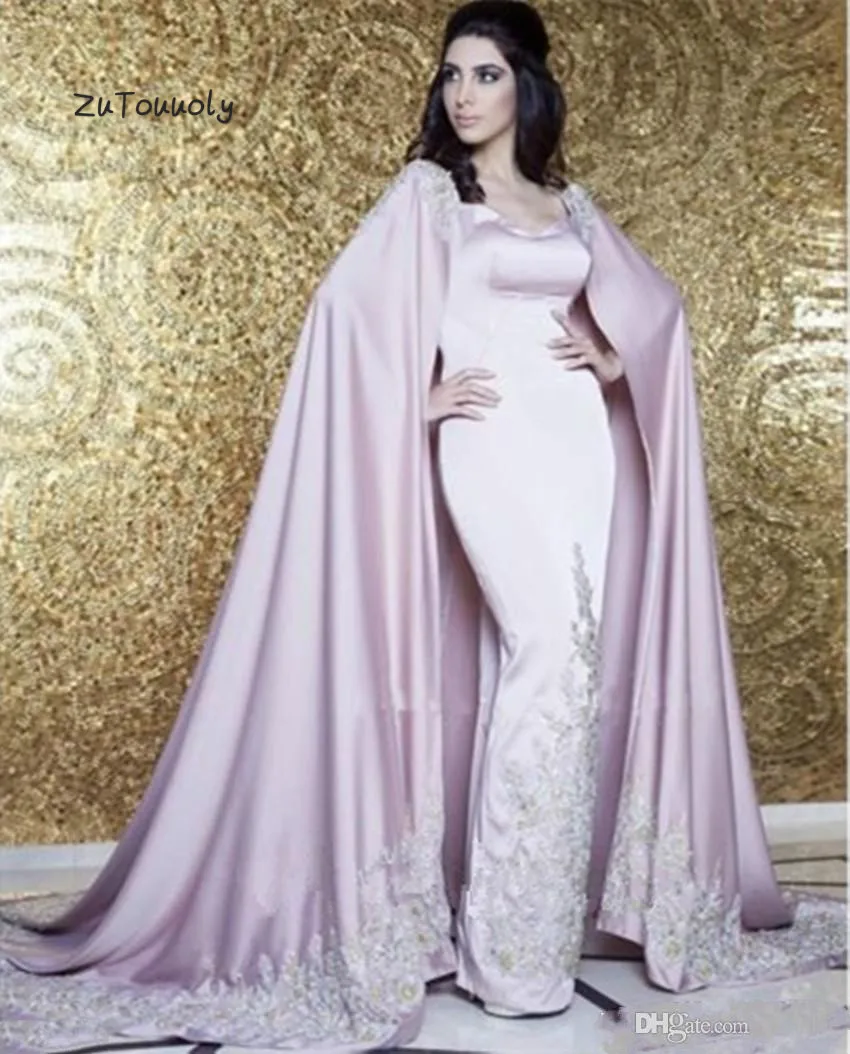 Арабское дубайское вечернее платье с накидкой пыльный розовый с аппликацией Кристалл абайя, Кафтан Вечерние платья Длинные атласные платья для ужина