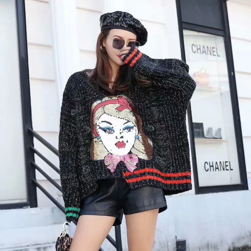 

Thailand Tide brand 2018autumn new cartoon sequined V-neck ladies sweater purple loose large size pullover sweater sweater women