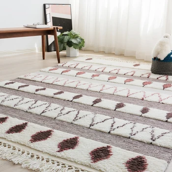 

Hand-woven New Zealand Woolen Tassel Carpet Coffee Table Rug Living Room Moroccan Simple Geometric Pattern Mat 160cmx230cm