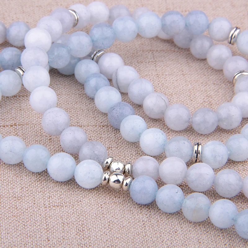 Women Bracelet Natural Stone Bracelet Beads Aquamarin with Lotus Charm Yoga Bracelet 108 Mala Necklace for Men Women
