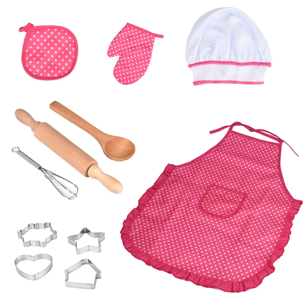 

Kids Cooking And Baking Set - 11pcs Kitchen Costume Role Play Kit Apron Hat chef kids games Cooking Pretend Play Set Toy