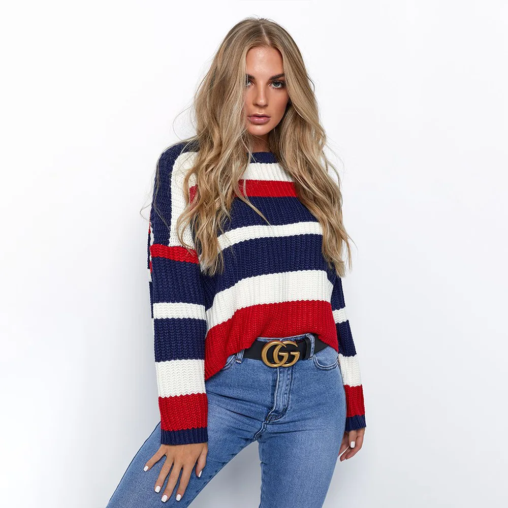 

2018 casual Retro o neck Sweaters Autumn Winter Women Plus Size Thick Long Sleeve knitted Pullovers fashion Striped loose Coats