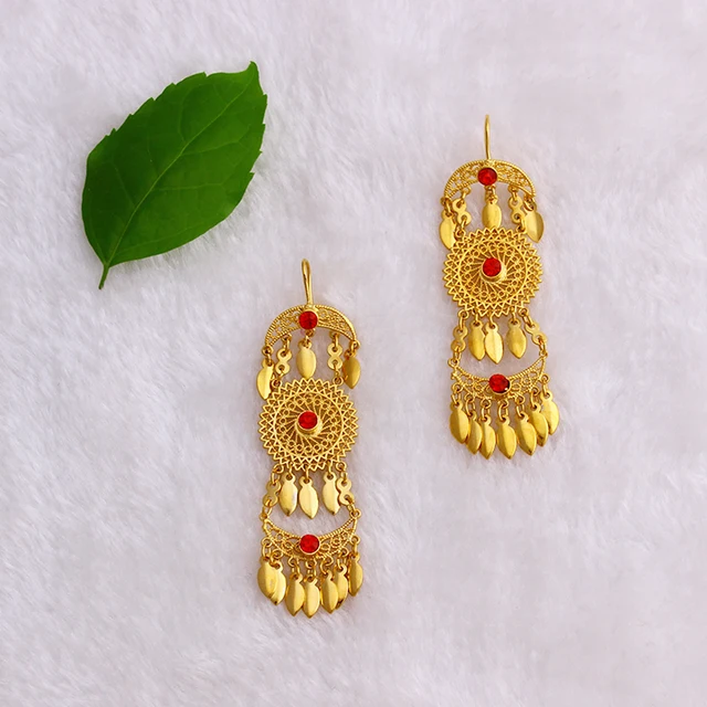Fansheng Traditional Wedding Dubai Dangle Earring With Red Stone Fansheng Traditional Wedding Dubai Dangle Earring With Red Stone Arabic African And Iraqi Gold